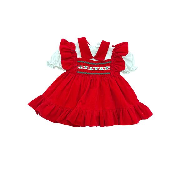 Vintage Baby Girl Christmas Dress Sz 9mo Red White Ruffles and Embroidery - Picture 1 of 4